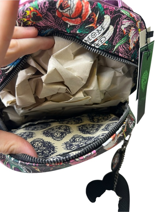 Ed Hardy Heather Pink Floral Skull Small Backpack in Black & Pink